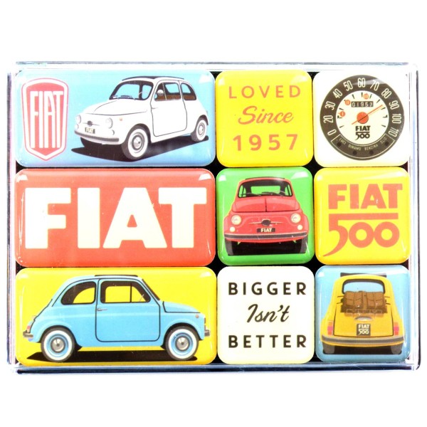 Set d'aimants (9 pièces) 'Fiat 500 - Loved Since 1957'.
