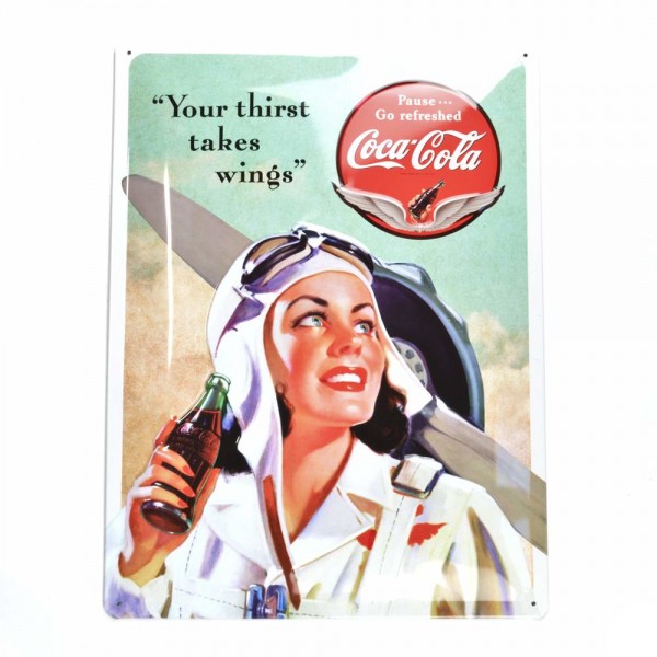 Cartel de hojalata "Coca-Cola - Takes Wings Lady" 30 x 40 cm