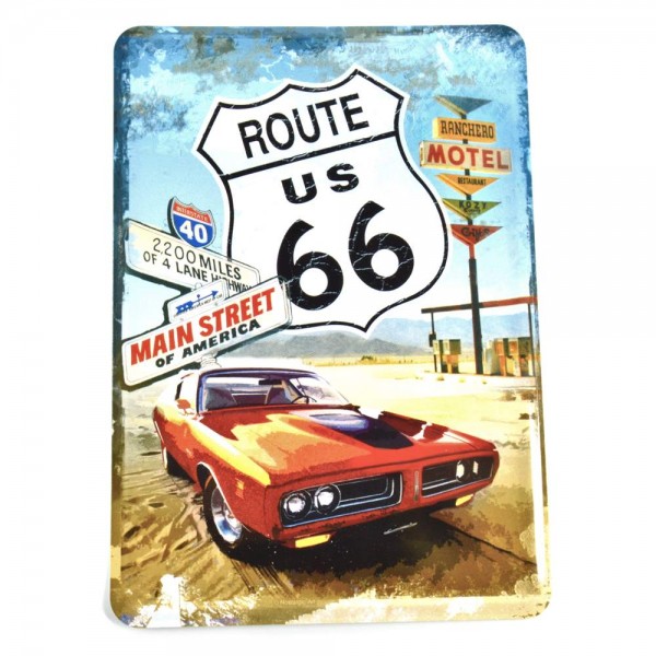 Route 66 Cartolina di latta con auto rossa 14x10cm